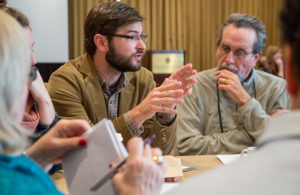 Florida Division of Cultural Affairs Folklife Program Assistant Ross Brand, left, and Alabama Center for Traditional Culture Director Joey Brackner exchanged news and views.