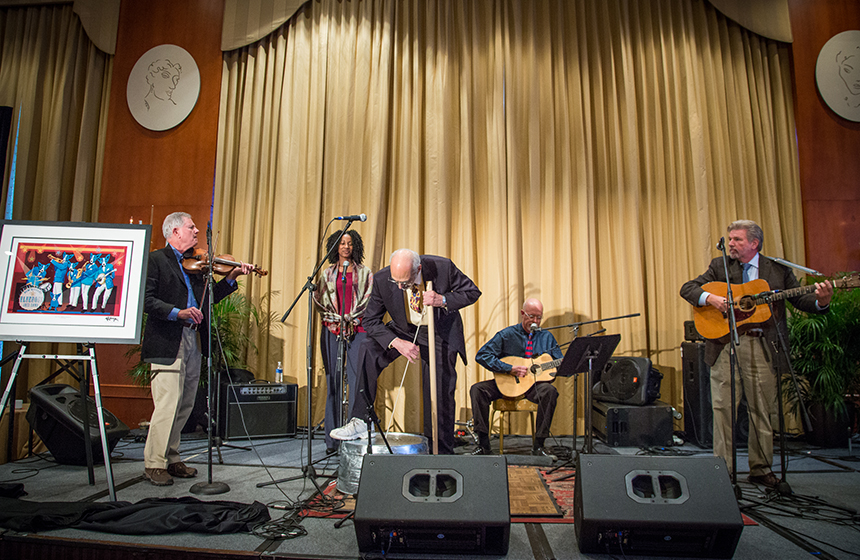 An impromptu blues band–the Maybees–performed a tribute to Jonathan Katz. From left: Wayne Martin, Joy Young, Katz, Ken May, Bob Lynch