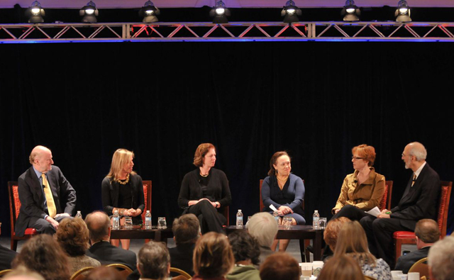A panel of state arts agency executive directors, flanked by NEA Chairman Rocco Landesman (far left) and NASAA CEO Jonathan Katz, discussed creative place making initiatives. Featured from second from left are Massachusetts Cultural Council Executive Director Anita Walker, Oregon Arts Commission Executive Director Chris D'Arcy, Assistant Secretary of the Louisiana Dept. of Culture, Recreation & Tourism Pam Breaux, and Nebraska Arts Council Executive Director Suzanne Wise. - Photo by Eddie Arrossi