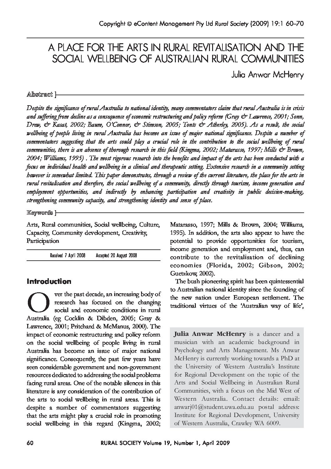 A Place for the Arts in Rural Revitalisation_Rural Society_McHenry_2009