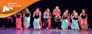  Delaware Division of the Arts logo and tagline, "bringing the arts to life," superimposed over a performing youth dance group from First State Ballet Theatre