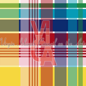A patterned fabric square with overlapping horizontal and vertical bands of green, turquoise, royal blue, red, pink and yellow. White horizontal lines and transparent vertical lines separate each color. Across the center is a pale red Virgin Islands Council on the Arts watermark.