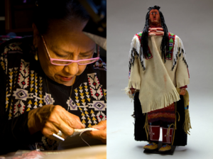 The left side of the image depicts a seated Native American female artist doing beadwork in the light of a lamp. The right side of the image shows a finished traditional Crow doll with intricate beadwork around its neck and shoulders.