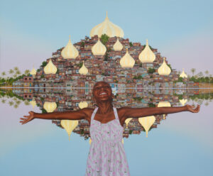 A jubilant young Black woman stands at the water's edge. A city with golden, onion-shaped cupolas sits on a hill across the water and its reflection is clear in the surface.