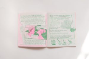 Things We Share opened to a recipe for smoky collard greens and cabbage. Hand-drawn sketches and a comic adorn the text on both pages.