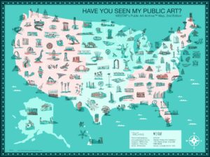 An interactive map of the 50 United States showing miniature hand drawings of 144 artworks