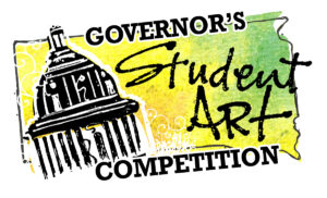 A poster showing a capitol building dome with a caption that reads ”Governor's Student Art Competition” on a yellow background with shades of green.
