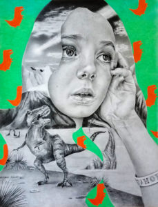 A graphite pencil sketch of a young woman resting her palm on her face. The lower half of the work is overlaid by prehistoric landscape and different kinds of dinosaurs. Images of smaller red tyrannosauruses in a bright green background surround the background of the sketch.