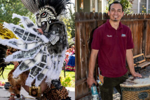 A photo of a man wearing an intricate black and white feathered costume next to a photo of the man standing casually outside.
